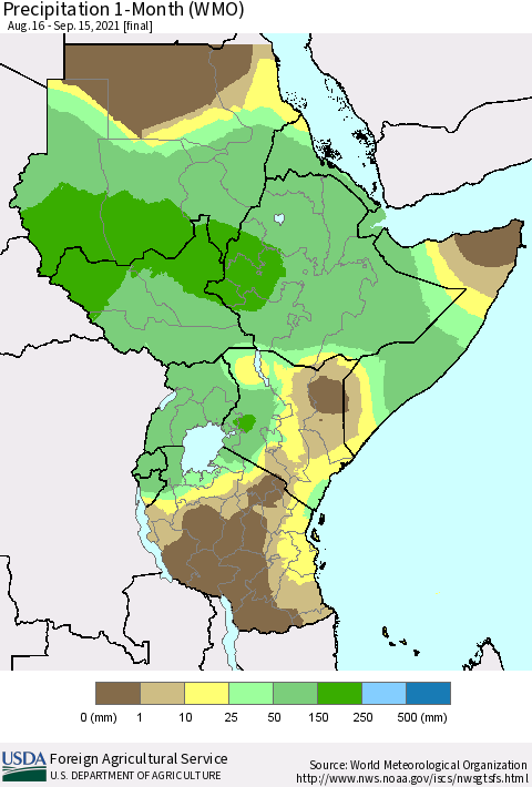 Eastern Africa Precipitation 1-Month (WMO) Thematic Map For 8/16/2021 - 9/15/2021