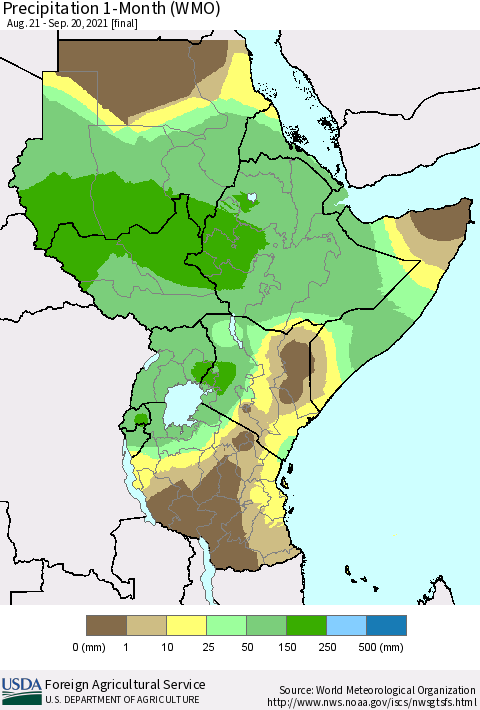 Eastern Africa Precipitation 1-Month (WMO) Thematic Map For 8/21/2021 - 9/20/2021