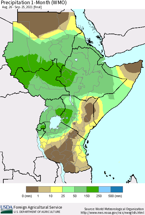 Eastern Africa Precipitation 1-Month (WMO) Thematic Map For 8/26/2021 - 9/25/2021