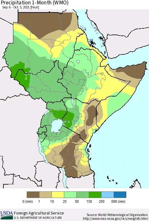 Eastern Africa Precipitation 1-Month (WMO) Thematic Map For 9/6/2021 - 10/5/2021