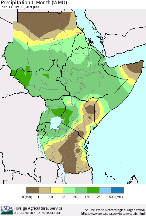 Eastern Africa Precipitation 1-Month (WMO) Thematic Map For 9/11/2021 - 10/10/2021