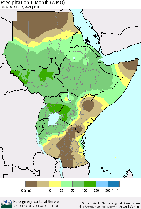 Eastern Africa Precipitation 1-Month (WMO) Thematic Map For 9/16/2021 - 10/15/2021