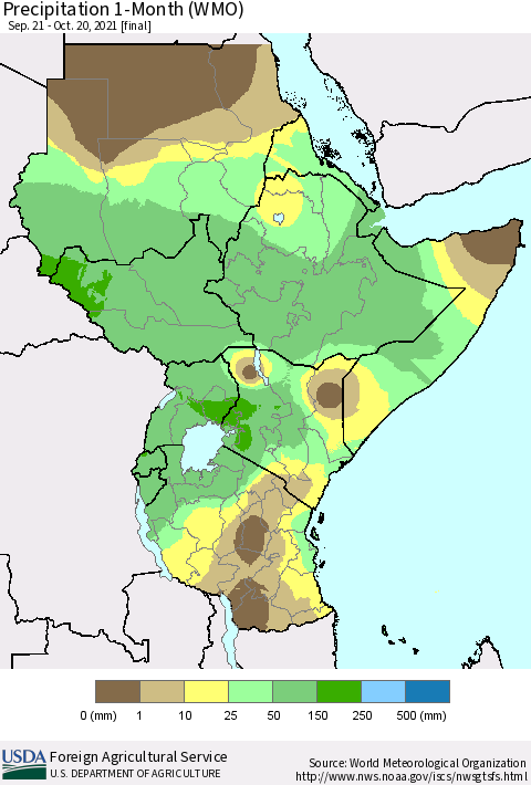 Eastern Africa Precipitation 1-Month (WMO) Thematic Map For 9/21/2021 - 10/20/2021