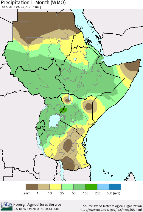 Eastern Africa Precipitation 1-Month (WMO) Thematic Map For 9/26/2021 - 10/25/2021
