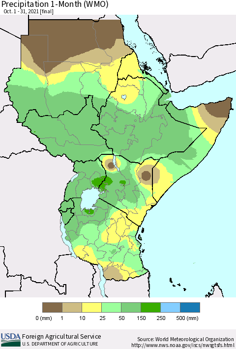 Eastern Africa Precipitation 1-Month (WMO) Thematic Map For 10/1/2021 - 10/31/2021