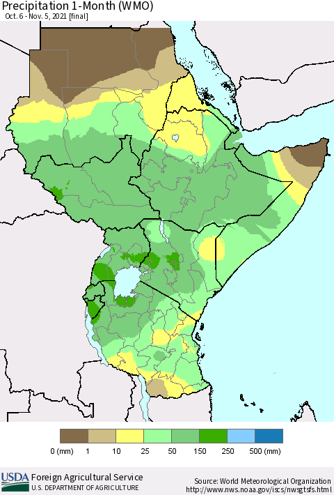 Eastern Africa Precipitation 1-Month (WMO) Thematic Map For 10/6/2021 - 11/5/2021