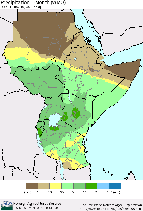 Eastern Africa Precipitation 1-Month (WMO) Thematic Map For 10/11/2021 - 11/10/2021