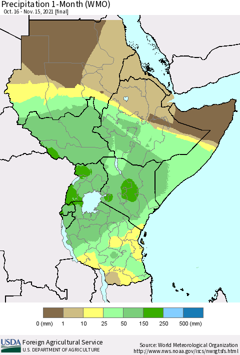 Eastern Africa Precipitation 1-Month (WMO) Thematic Map For 10/16/2021 - 11/15/2021