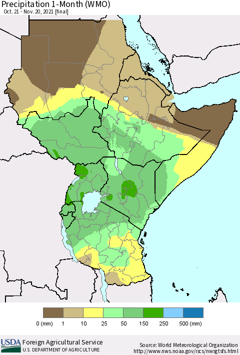 Eastern Africa Precipitation 1-Month (WMO) Thematic Map For 10/21/2021 - 11/20/2021
