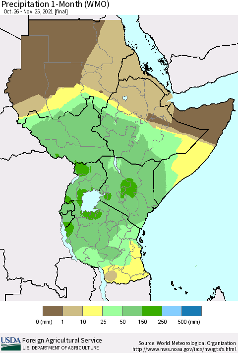 Eastern Africa Precipitation 1-Month (WMO) Thematic Map For 10/26/2021 - 11/25/2021