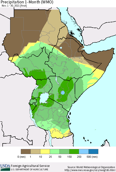 Eastern Africa Precipitation 1-Month (WMO) Thematic Map For 11/1/2021 - 11/30/2021