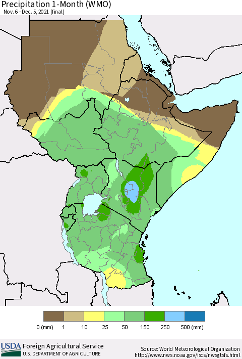 Eastern Africa Precipitation 1-Month (WMO) Thematic Map For 11/6/2021 - 12/5/2021