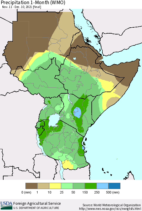 Eastern Africa Precipitation 1-Month (WMO) Thematic Map For 11/11/2021 - 12/10/2021