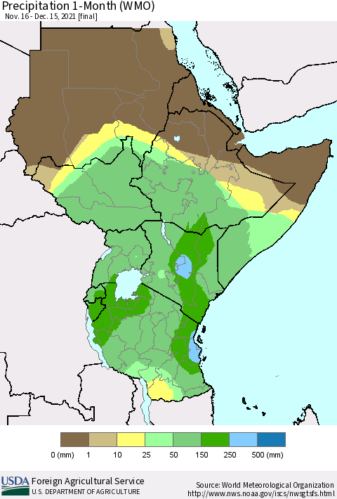 Eastern Africa Precipitation 1-Month (WMO) Thematic Map For 11/16/2021 - 12/15/2021