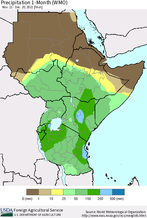 Eastern Africa Precipitation 1-Month (WMO) Thematic Map For 11/21/2021 - 12/20/2021