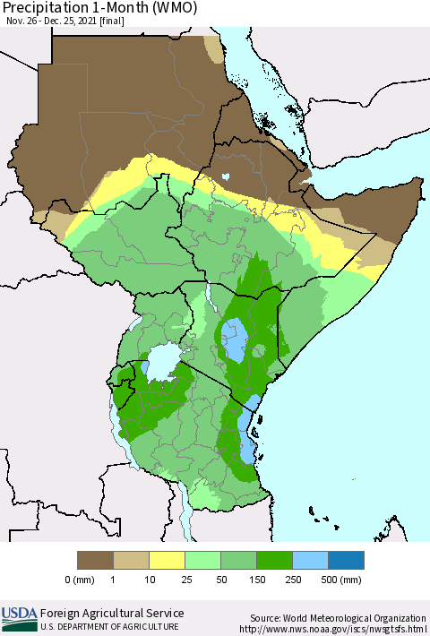 Eastern Africa Precipitation 1-Month (WMO) Thematic Map For 11/26/2021 - 12/25/2021