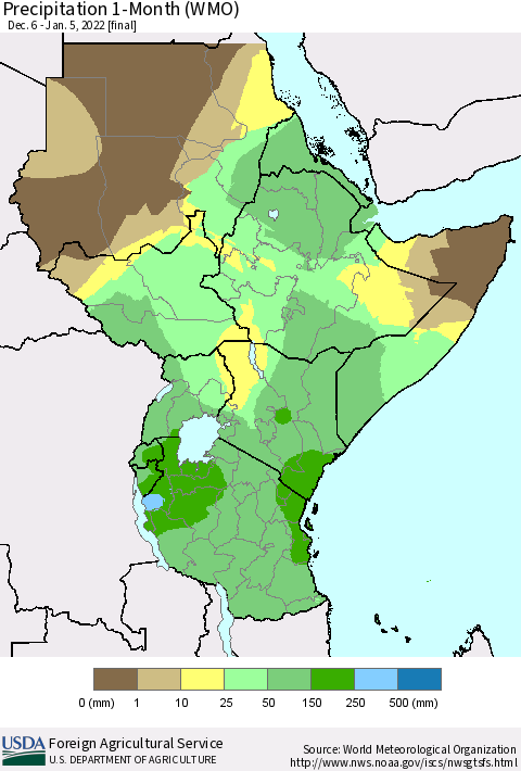 Eastern Africa Precipitation 1-Month (WMO) Thematic Map For 12/6/2021 - 1/5/2022