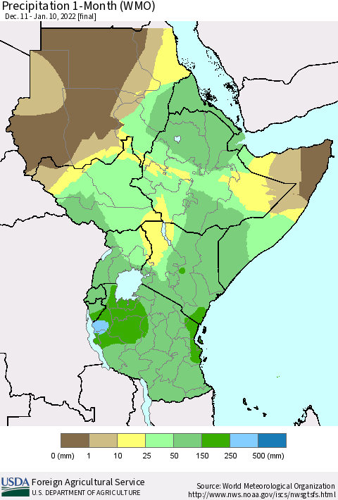 Eastern Africa Precipitation 1-Month (WMO) Thematic Map For 12/11/2021 - 1/10/2022