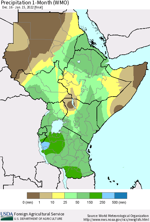 Eastern Africa Precipitation 1-Month (WMO) Thematic Map For 12/16/2021 - 1/15/2022