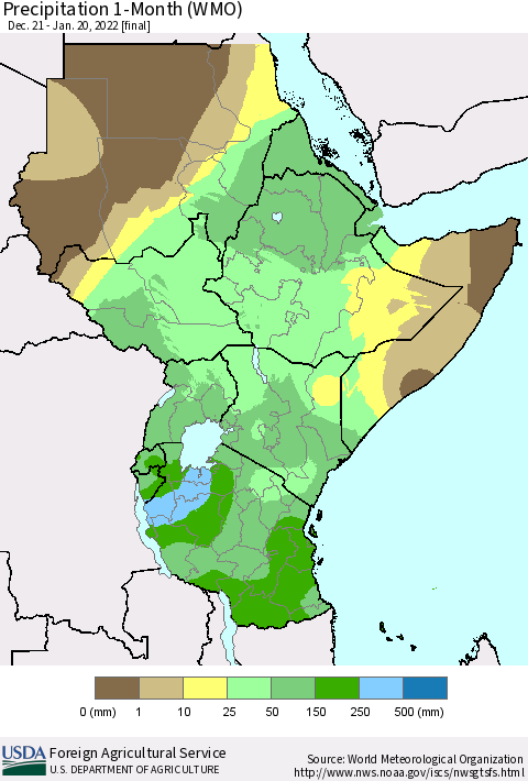 Eastern Africa Precipitation 1-Month (WMO) Thematic Map For 12/21/2021 - 1/20/2022