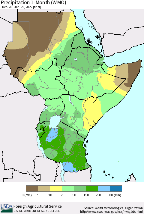 Eastern Africa Precipitation 1-Month (WMO) Thematic Map For 12/26/2021 - 1/25/2022
