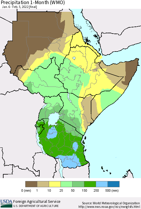 Eastern Africa Precipitation 1-Month (WMO) Thematic Map For 1/6/2022 - 2/5/2022