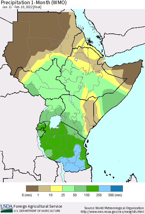 Eastern Africa Precipitation 1-Month (WMO) Thematic Map For 1/11/2022 - 2/10/2022