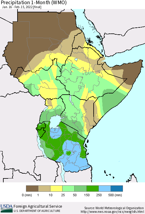 Eastern Africa Precipitation 1-Month (WMO) Thematic Map For 1/16/2022 - 2/15/2022