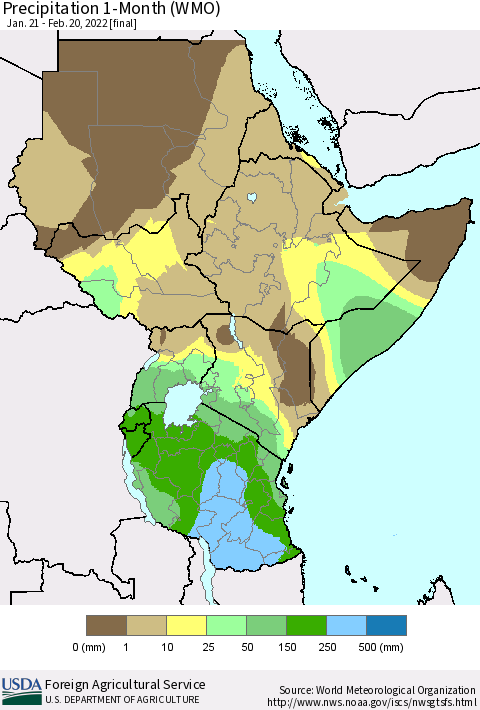 Eastern Africa Precipitation 1-Month (WMO) Thematic Map For 1/21/2022 - 2/20/2022