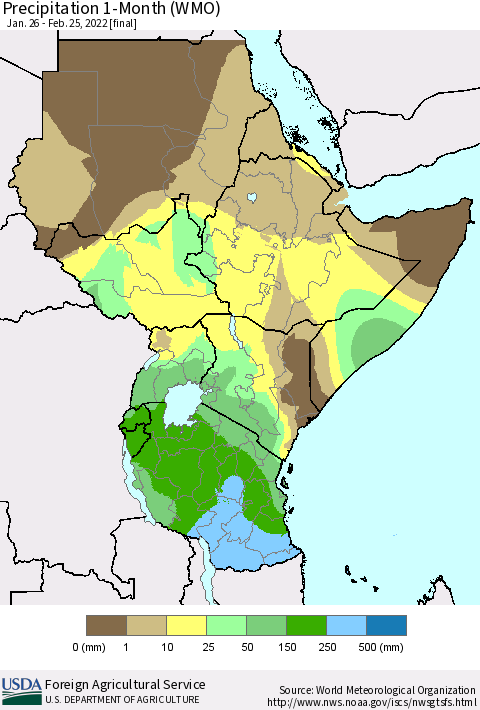 Eastern Africa Precipitation 1-Month (WMO) Thematic Map For 1/26/2022 - 2/25/2022