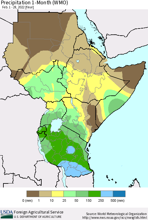 Eastern Africa Precipitation 1-Month (WMO) Thematic Map For 2/1/2022 - 2/28/2022