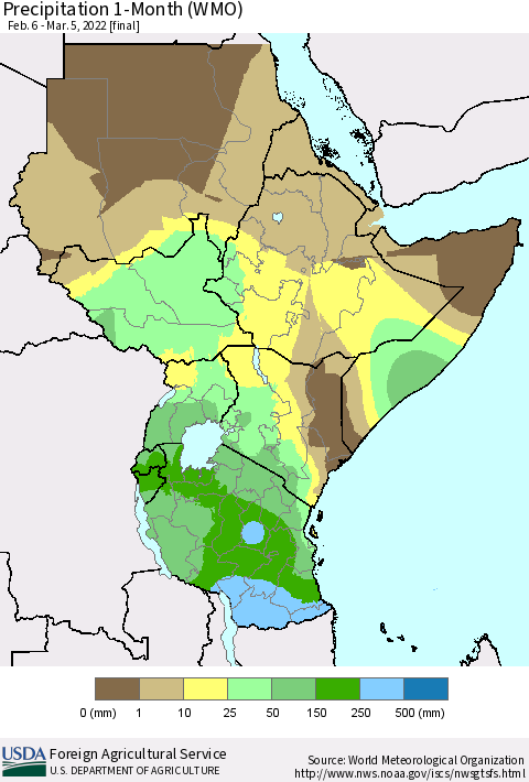 Eastern Africa Precipitation 1-Month (WMO) Thematic Map For 2/6/2022 - 3/5/2022