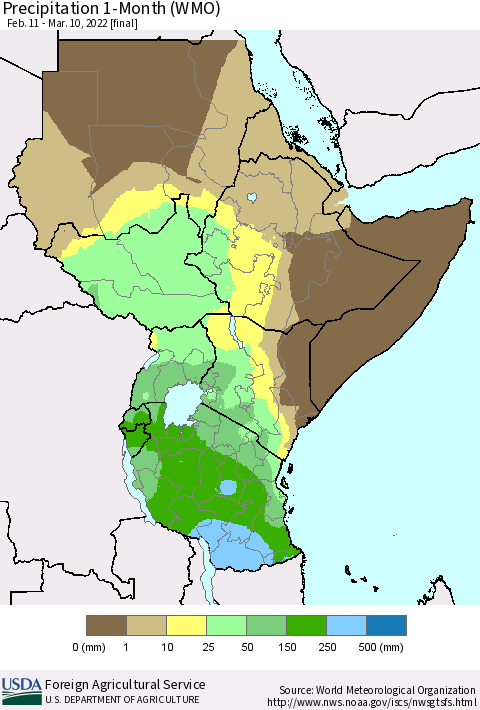 Eastern Africa Precipitation 1-Month (WMO) Thematic Map For 2/11/2022 - 3/10/2022