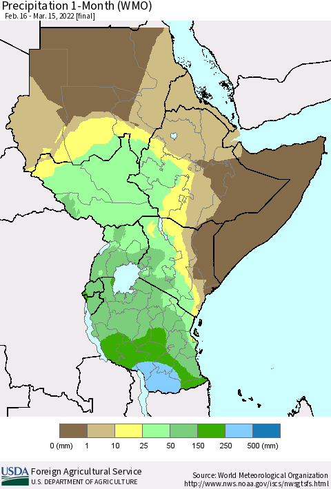 Eastern Africa Precipitation 1-Month (WMO) Thematic Map For 2/16/2022 - 3/15/2022