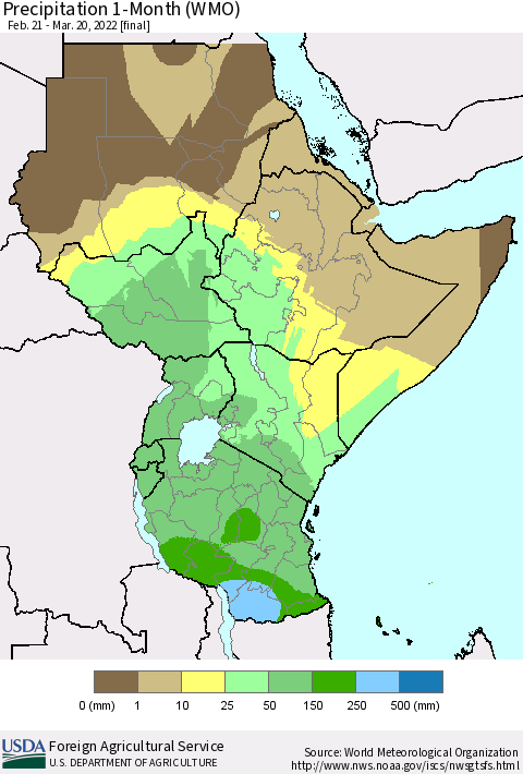 Eastern Africa Precipitation 1-Month (WMO) Thematic Map For 2/21/2022 - 3/20/2022