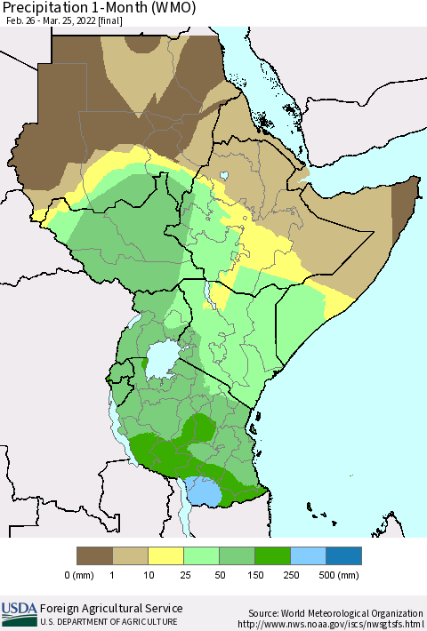 Eastern Africa Precipitation 1-Month (WMO) Thematic Map For 2/26/2022 - 3/25/2022