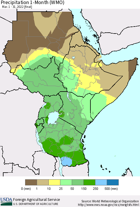 Eastern Africa Precipitation 1-Month (WMO) Thematic Map For 3/1/2022 - 3/31/2022