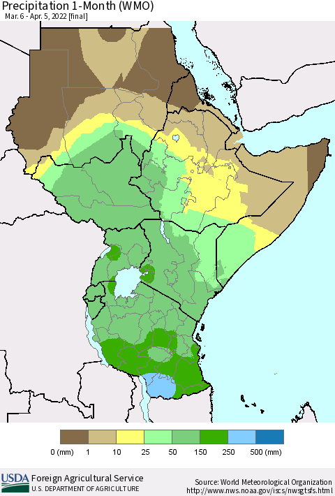 Eastern Africa Precipitation 1-Month (WMO) Thematic Map For 3/6/2022 - 4/5/2022