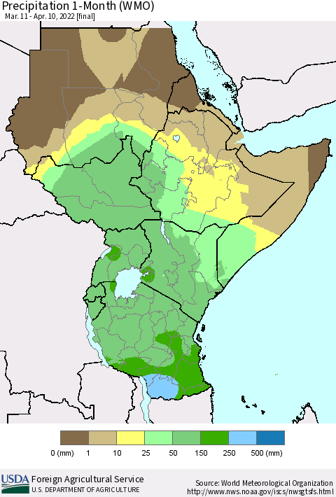 Eastern Africa Precipitation 1-Month (WMO) Thematic Map For 3/11/2022 - 4/10/2022