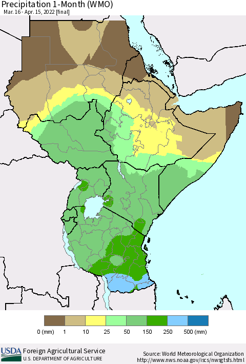 Eastern Africa Precipitation 1-Month (WMO) Thematic Map For 3/16/2022 - 4/15/2022