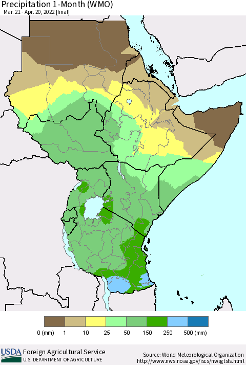 Eastern Africa Precipitation 1-Month (WMO) Thematic Map For 3/21/2022 - 4/20/2022