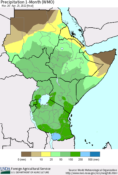 Eastern Africa Precipitation 1-Month (WMO) Thematic Map For 3/26/2022 - 4/25/2022