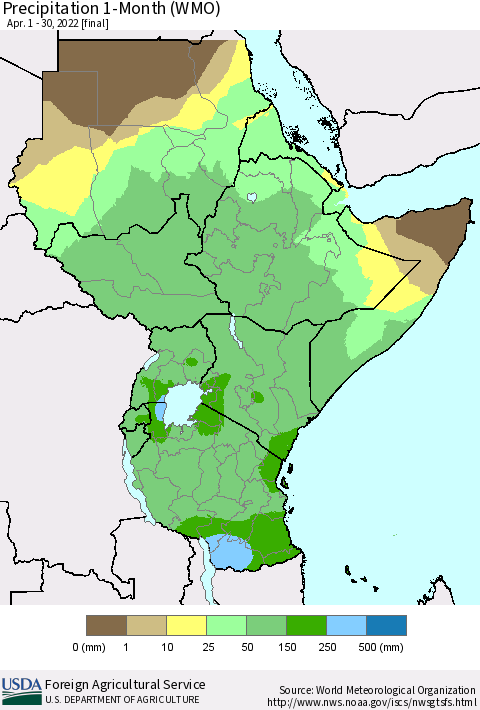 Eastern Africa Precipitation 1-Month (WMO) Thematic Map For 4/1/2022 - 4/30/2022