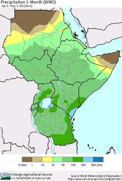 Eastern Africa Precipitation 1-Month (WMO) Thematic Map For 4/6/2022 - 5/5/2022