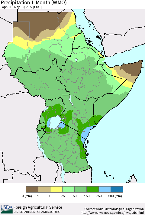 Eastern Africa Precipitation 1-Month (WMO) Thematic Map For 4/11/2022 - 5/10/2022