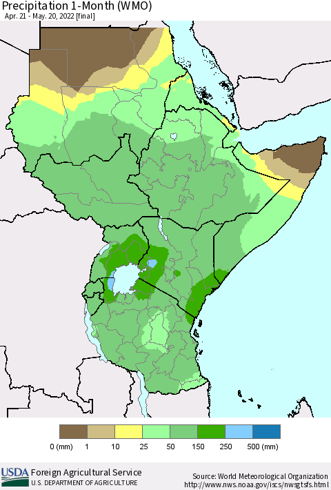 Eastern Africa Precipitation 1-Month (WMO) Thematic Map For 4/21/2022 - 5/20/2022