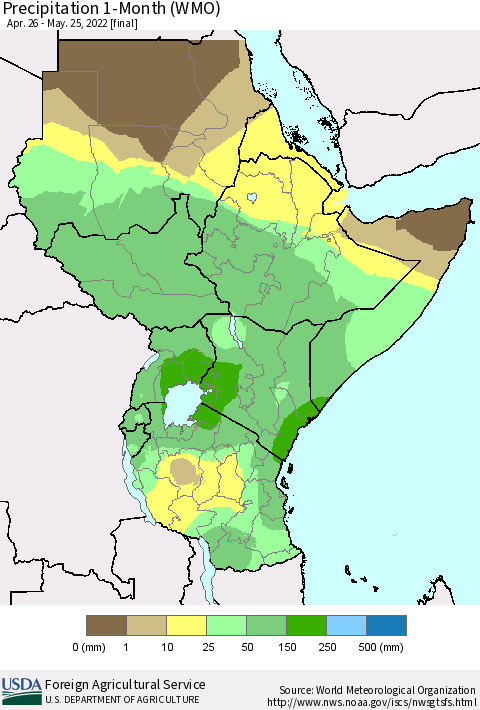 Eastern Africa Precipitation 1-Month (WMO) Thematic Map For 4/26/2022 - 5/25/2022