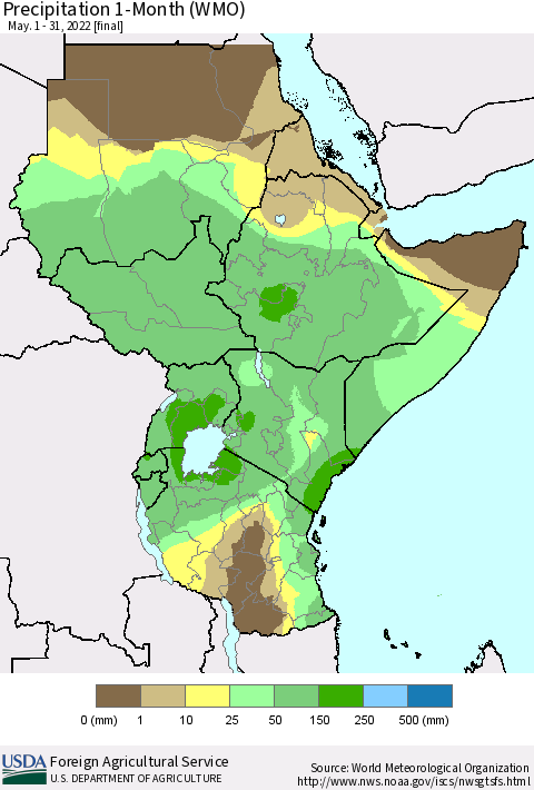 Eastern Africa Precipitation 1-Month (WMO) Thematic Map For 5/1/2022 - 5/31/2022