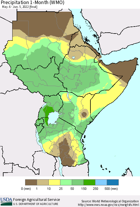 Eastern Africa Precipitation 1-Month (WMO) Thematic Map For 5/6/2022 - 6/5/2022