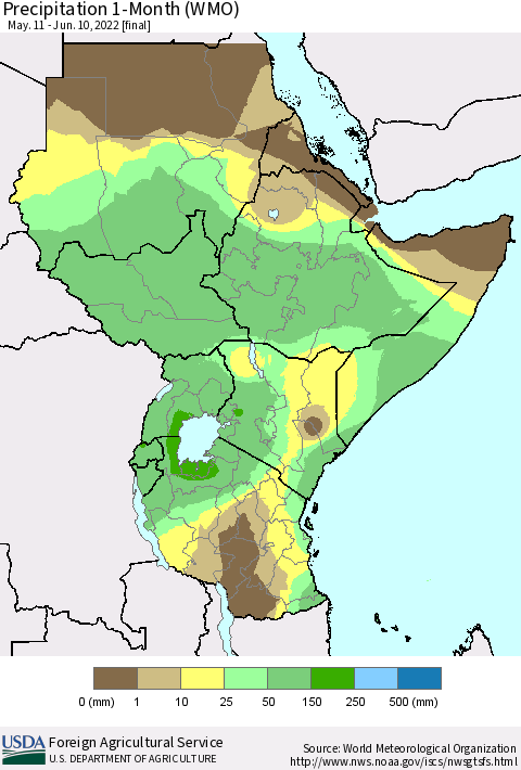 Eastern Africa Precipitation 1-Month (WMO) Thematic Map For 5/11/2022 - 6/10/2022